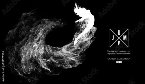 Abstract silhouette of a jumping girl, woman on the dark, black background from particles, dust, smoke, steam. Background can be changed to any other. Vector illustration