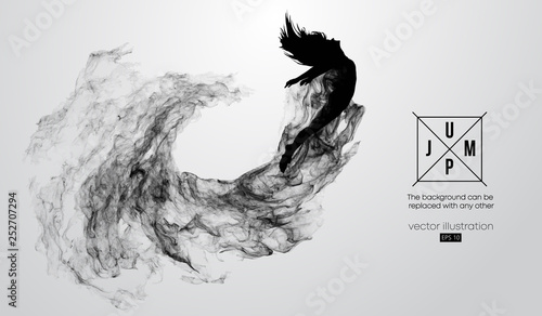 Abstract silhouette of a jumping girl, woman on the white background from particles, dust, smoke, steam. Background can be changed to any other. Vector illustration