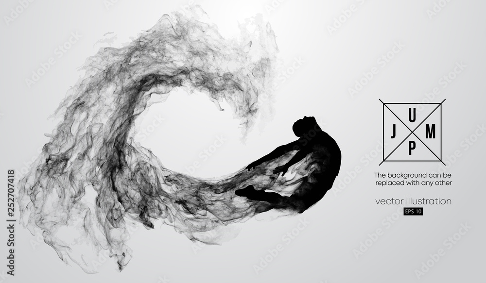 Abstract silhouette of a jumping man on the white background from particles, dust, smoke, steam. Background can be changed to any other. Vector illustration Abstract silhouette of a jumping man on the white background from particles, dust, smoke, steam. Background can be changed to any other. Vector illustration