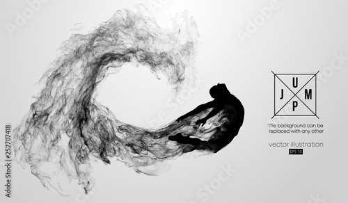 Abstract silhouette of a jumping man on the white background from particles, dust, smoke, steam. Background can be changed to any other. Vector illustration