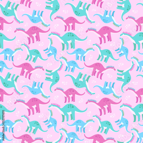 Cute colorful seamless pattern with dinosaurs on pink background. Bright background for kids. Vector illustration for textile manufacturing, notebooks etc