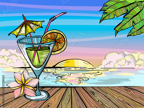 Cocktail on the beach at sunset, summer time paradise sketch.