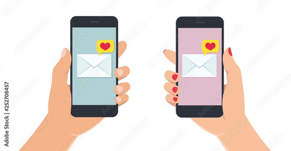 Female and male hands holding smartphone with love message on screen. Hand with mobile phone on white background. Vector illustration