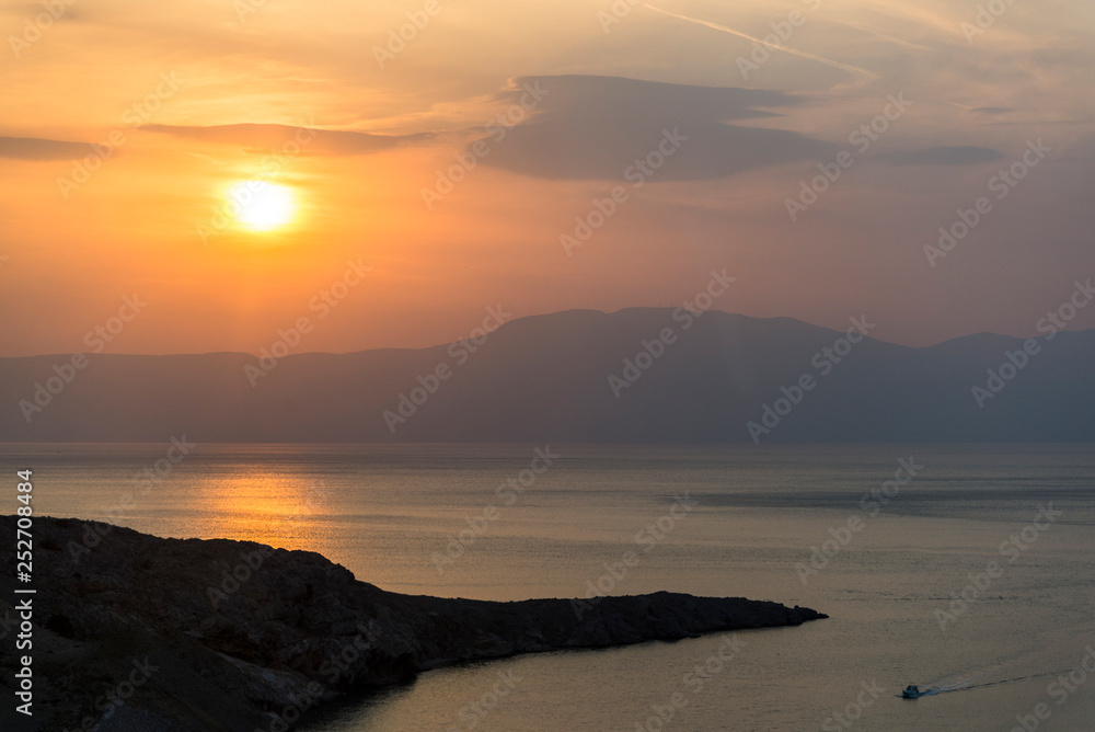 Sunset over the the sea and islands,  Kvarner Gulf, northern Adriatic Sea, Croatia