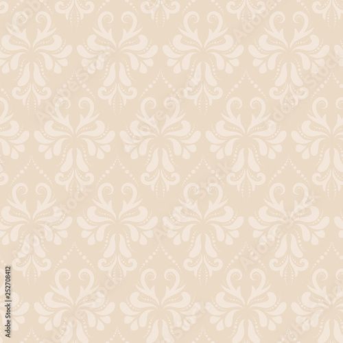 Baroque style damask vector seamless pattern background. Beige floral ornament texture is perfect for upholstery fabric, wedding decor, invitation cards, wallpaper, home decor.