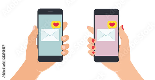 Female and male hands holding smartphone with love message on screen. Hand with mobile phone on white background. Vector illustration