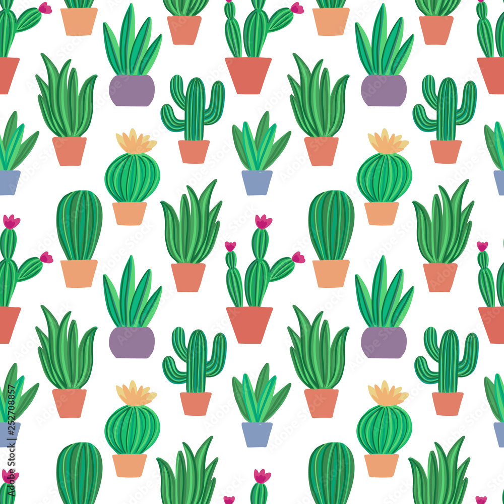 Hand drawn seamless floral pattern with different cactus succulents in pots. Cute background with cacti. Perfect for textile, fabric. Vector illustration Hand drawn seamless floral pattern with different cactus succulents in pots. Cute background with cacti. Perfect for textile, fabric. Vector illustration