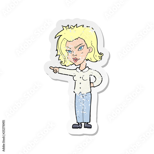 retro distressed sticker of a cartoon woman pointing