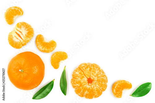 tangerine or mandarin with leaves isolated on white background with copy space for your text. Top view. Flat lay