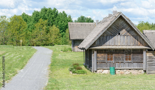 A village house with farm buildings stands on the edge of the village by the forest. Around the house is a meadow with dandelions.