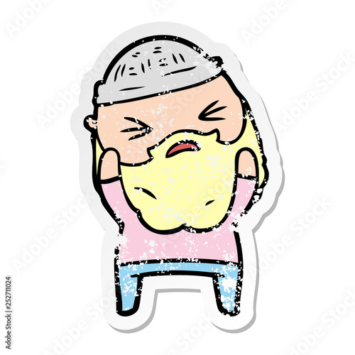distressed sticker of a cartoon man with beard