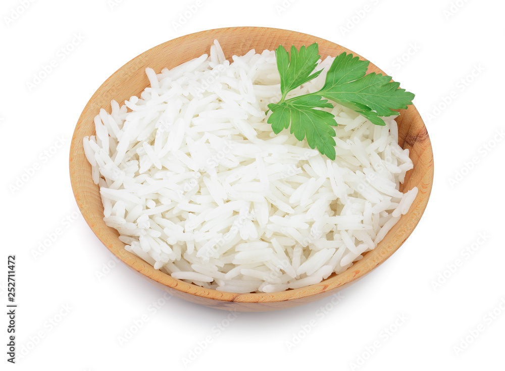 rice in a wooden bowl isolated on white background. Top view. Flat lay rice in a wooden bowl isolated on white background. Top view. Flat lay