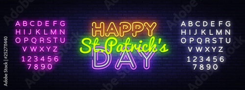 Happy St. Patrick's Day neon text vector design template. Happy Saint Patrick's Day neon logo, light banner design element colorful modern design, night bright advertising. Editing text neon sign