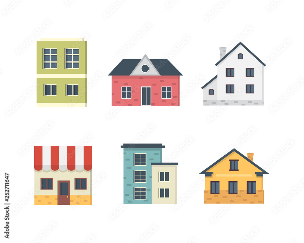 suburban private houses. House exterior. Vector urban building icons set.