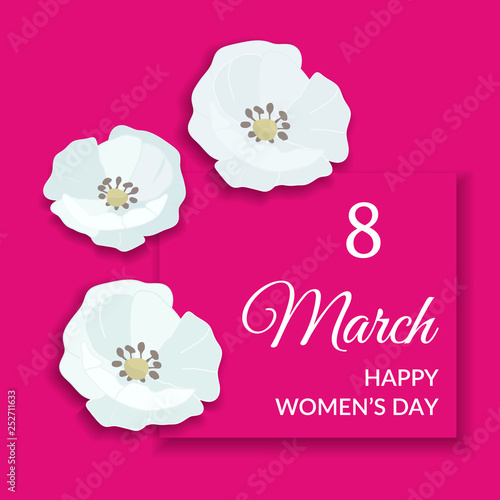 8 March Happy international womens day Greeting Card design. White text on bright pink frame and pink background with white wild brier rose flower blossom. Vector eps10 illustrtion