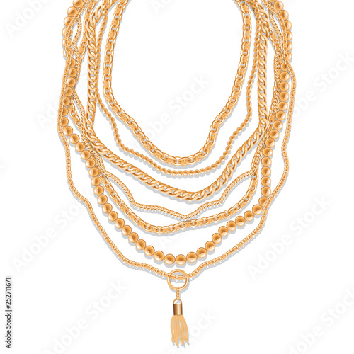 Gold chains necklace abstract background. Jewelry trendy template. Decorative design elements. Can be used for clothes print.