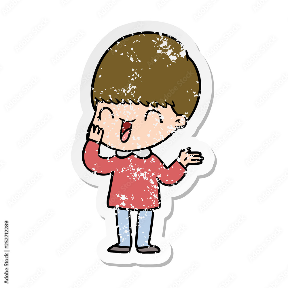 distressed sticker of a happy cartoon boy distressed sticker of a happy cartoon boy
