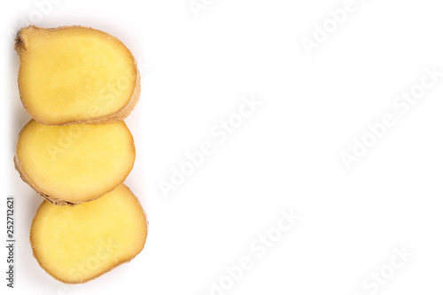 slice of fresh Ginger root isolated on white background with copy space for your text. Top view. Flat lay