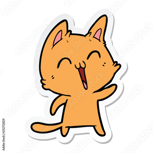 sticker of a happy cartoon cat meowing