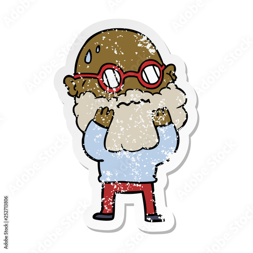 distressed sticker of a cartoon worried man with beard and spectacles
