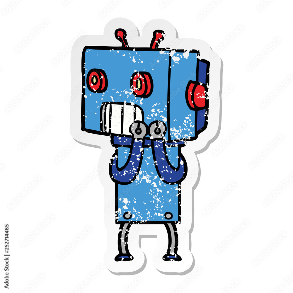 distressed sticker of a cartoon robot distressed sticker of a cartoon robot