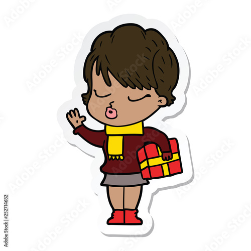 sticker of a cartoon woman with eyes shut