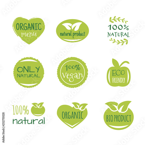 Eco food, organic bio products, eco friendly, vegan icons, ecology. Set of vector logo design elements