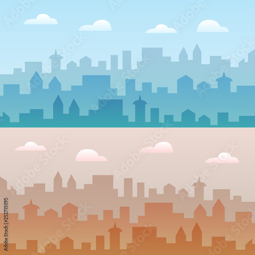 City skyline vector illustration. Two urban landscapes. Daytime cityscape in flat style.