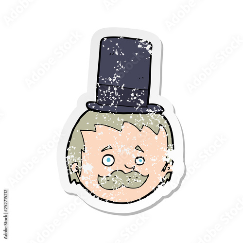 retro distressed sticker of a cartoon man wearing top hat