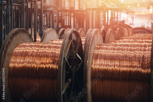 Production of copper wire, bronze cable in reels at factory