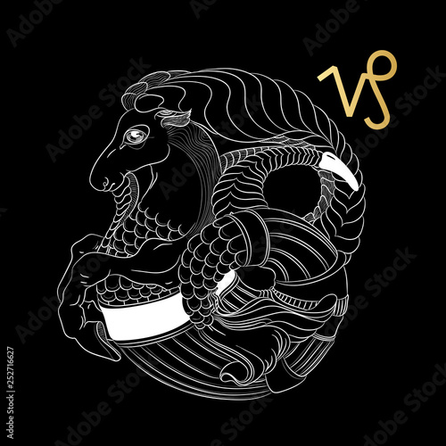 Zodiac sign Capricorn isolated on black background. Vector.