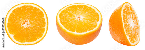 set of orange photos from different sides. a piece of orange, a cut orange. isolated on white background.