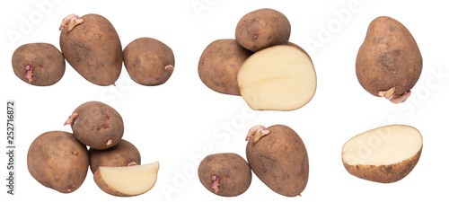 set photo with raw potatoes, potatoes with sprouts, potatoes cut into pieces. isolated on white background.