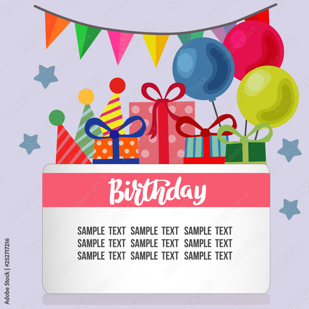 flat style birthday card with cute present box and balloon flat style birthday card with cute present box and balloon