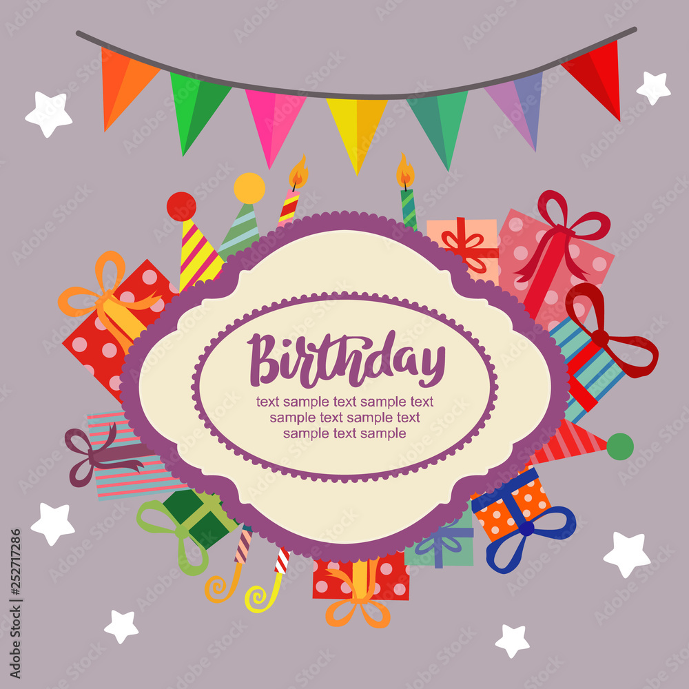 flat style birthday card with gray background and present box flat style birthday card with gray background and present box