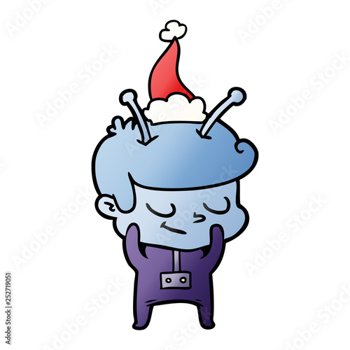 shy gradient cartoon of a spaceman wearing santa hat