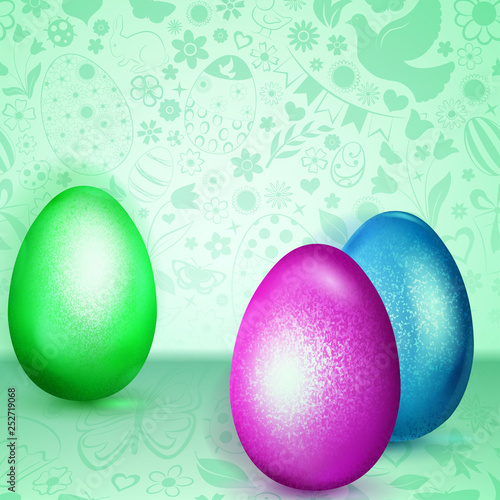 Three colored Easter eggs standing on turquoise background of flowers, cakes, hare, chicken and other holiday symbols
