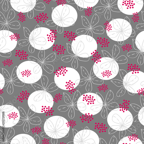 pink dots and gray flowers on a dark gray and white background