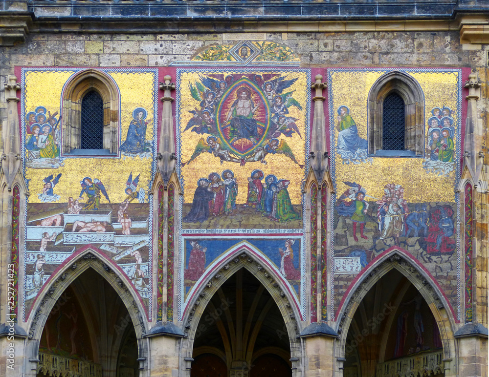 Detail of mosaic on the facade of the Metropolitan Cathedral of Saints Vitus, Prague, Czech Republic