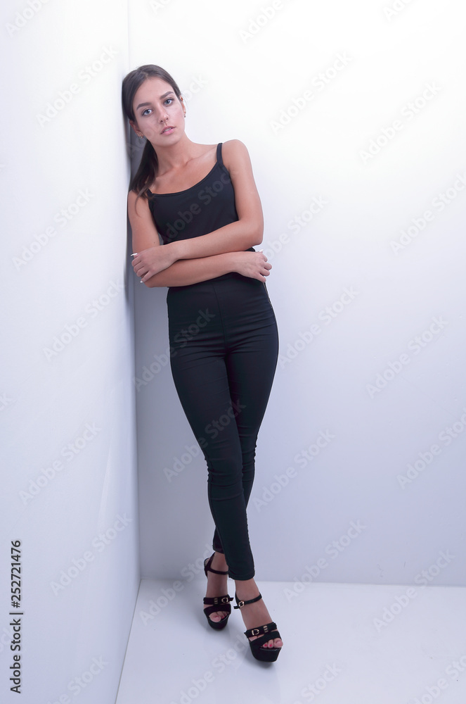 pensive young woman walking forward. pensive young woman walking forward.