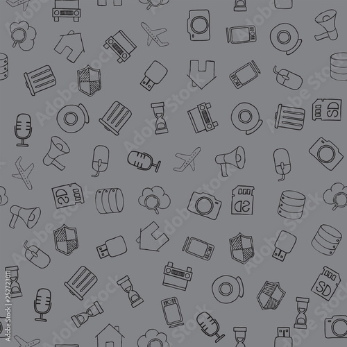 Set of diverse technological items and equipment doodle icons