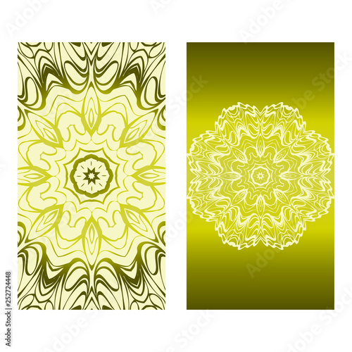 Design Vintage Cards With Floral Mandala Pattern And Ornaments. Vector Template. Islam, Arabic, Indian, Mexican Ottoman Motifs. Hand Drawn Background. Olive color