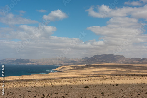 Barlovento desert, Costa Calma, Canary Islands, Spain. High hills by the ocean shore. 