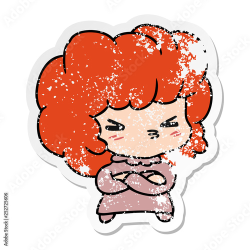 distressed sticker cartoon of a cute cross kawaii girl