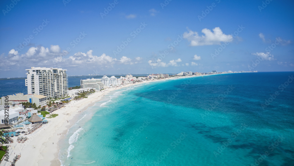 Aerial view of a wonderful white sandy beach in Cancun, Mexico