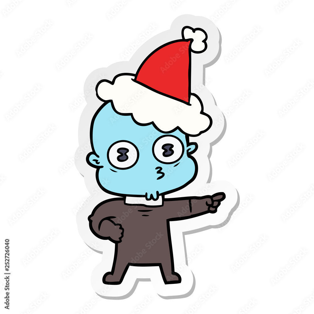 sticker cartoon of a weird bald spaceman wearing santa hat sticker cartoon of a weird bald spaceman wearing santa hat