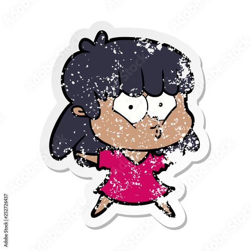 distressed sticker of a cartoon whistling girl