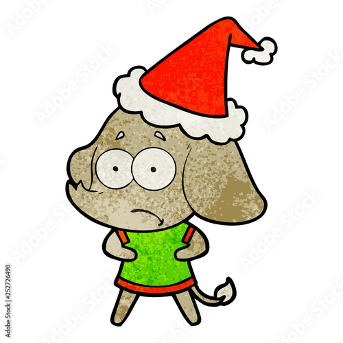 textured cartoon of a unsure elephant wearing santa hat