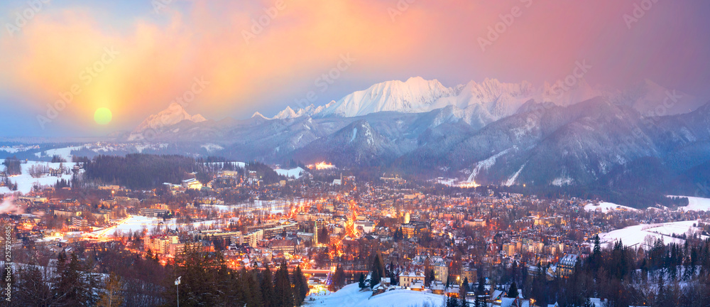 Zakopane at night in the light of the moon.