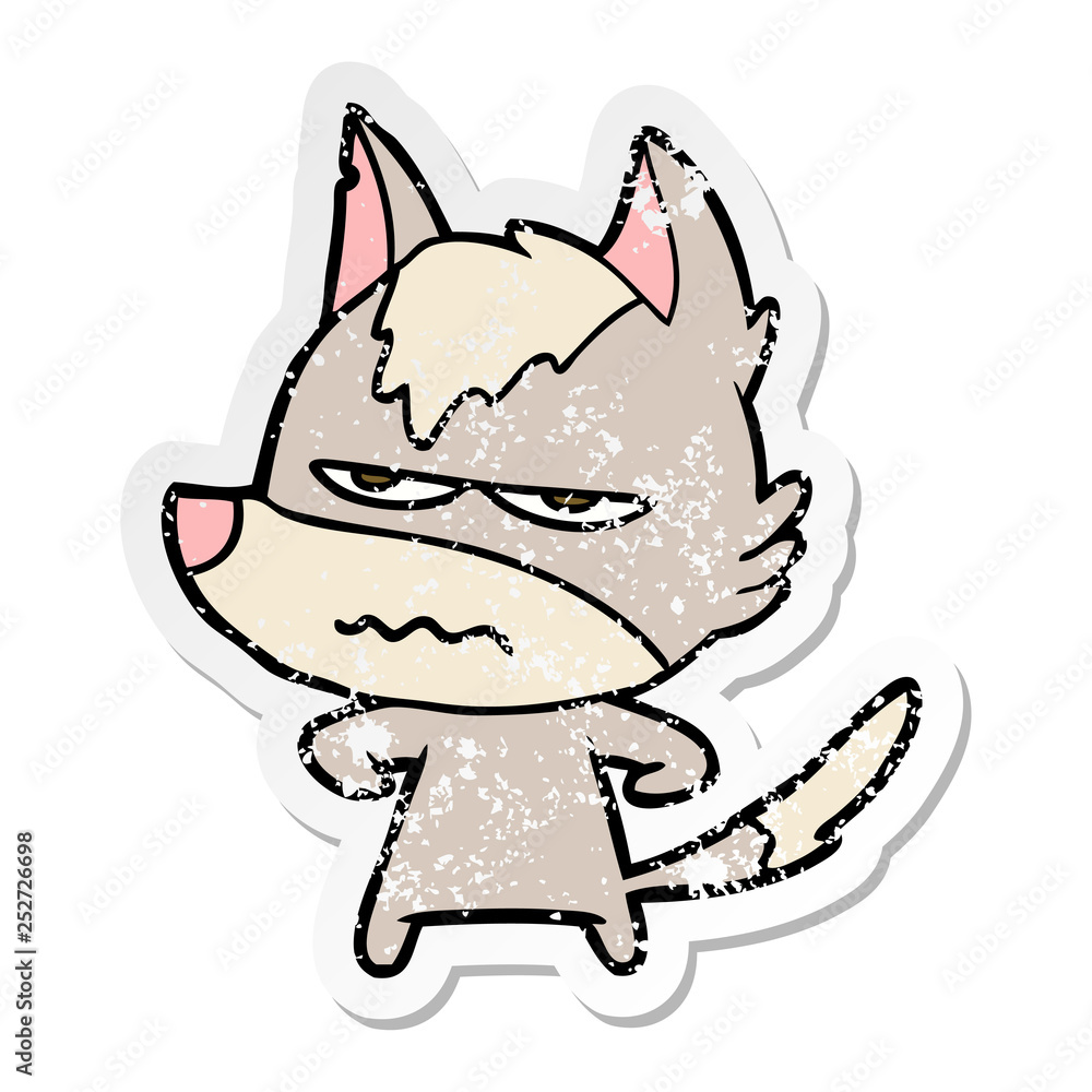 distressed sticker of a cartoon annoyed wolf distressed sticker of a cartoon annoyed wolf